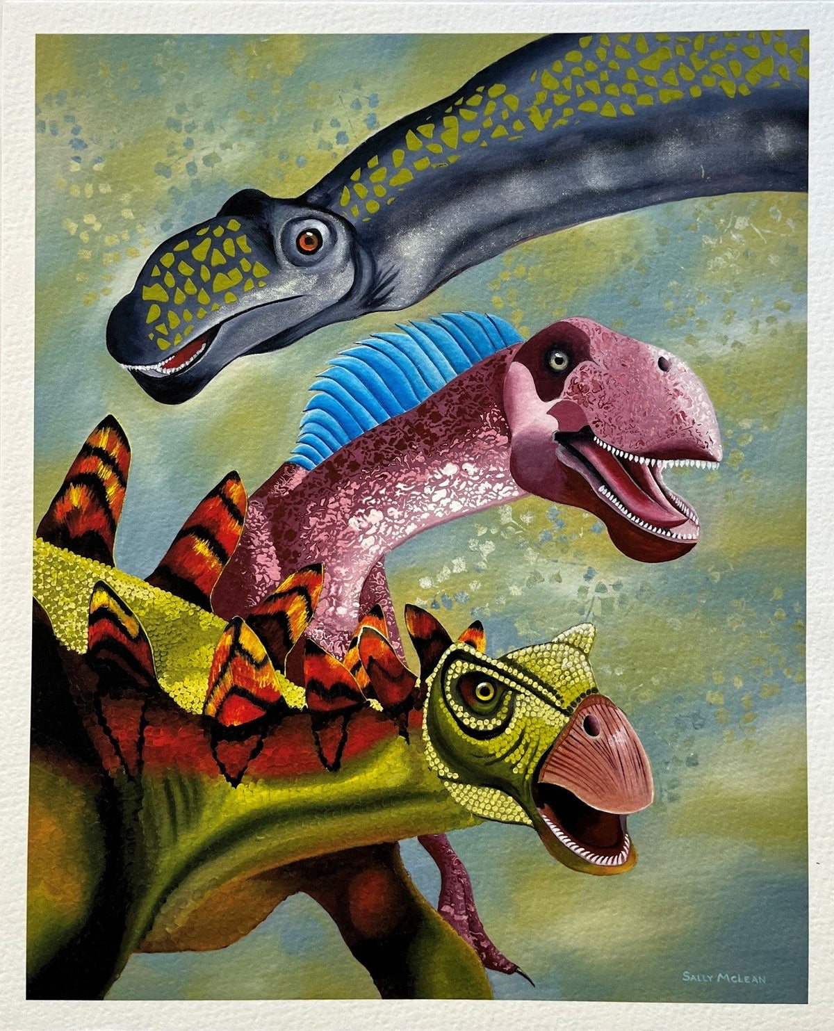 Dino Trio fine art reproduction print by Sally McLean Artist, dinosaur art for kids