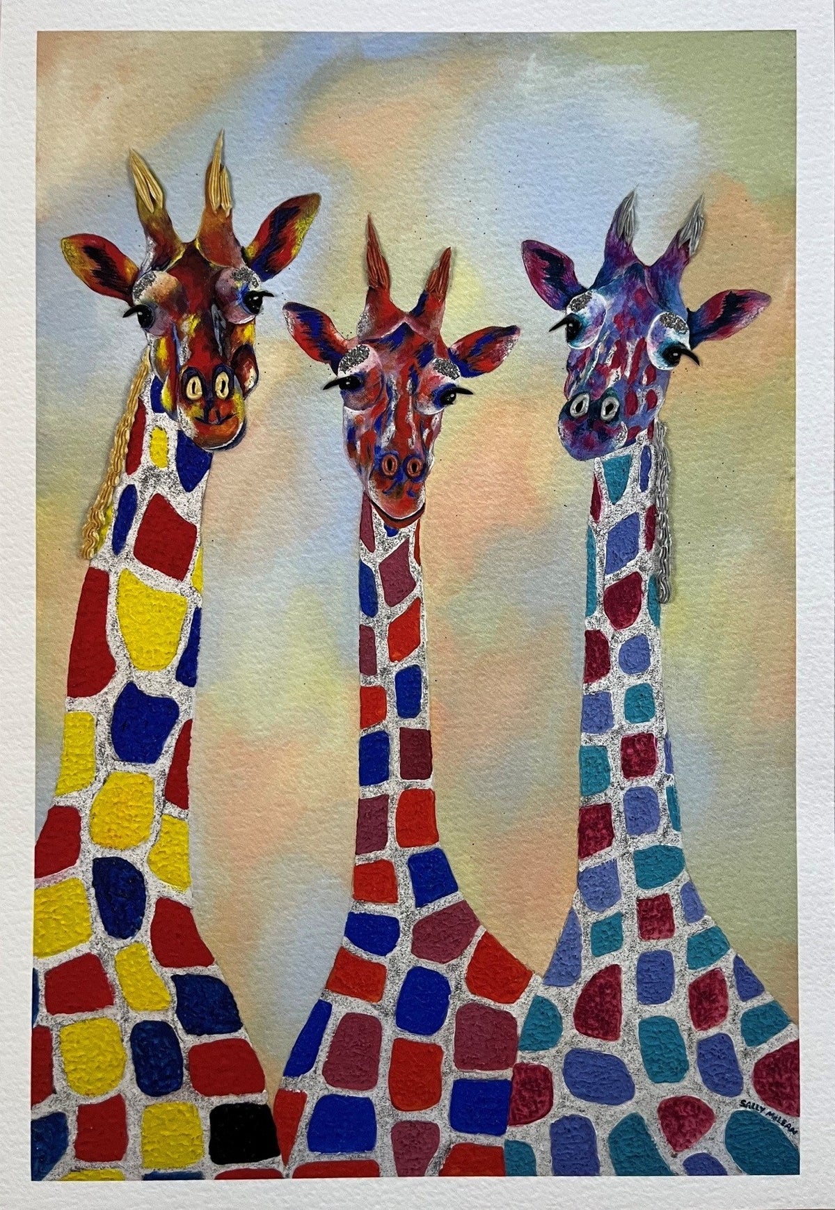 Giraffes Let's Stick Our Necks Out fine art reproduction print by Sally McLean Artist Wildlife Artist