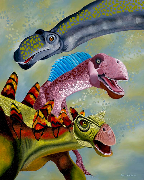 Dino Trio acrylic original artwork by Sally McLean Artist, dinosaur art for kids